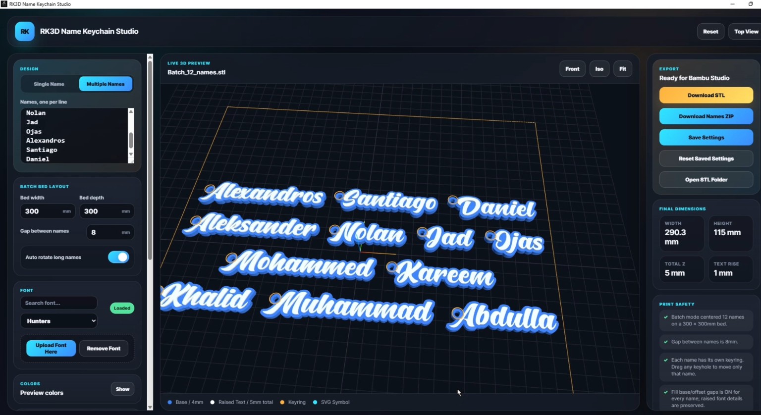 RK3D Keychain Studio showing bulk name keychain designs
