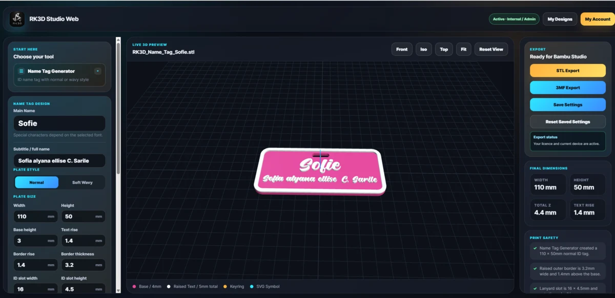 RK3D personalized name tag generator preview